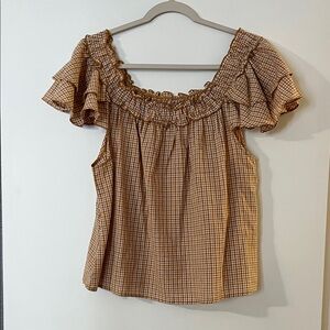 Easel Checkered Ruffle Sleeve Blouse - Tan
